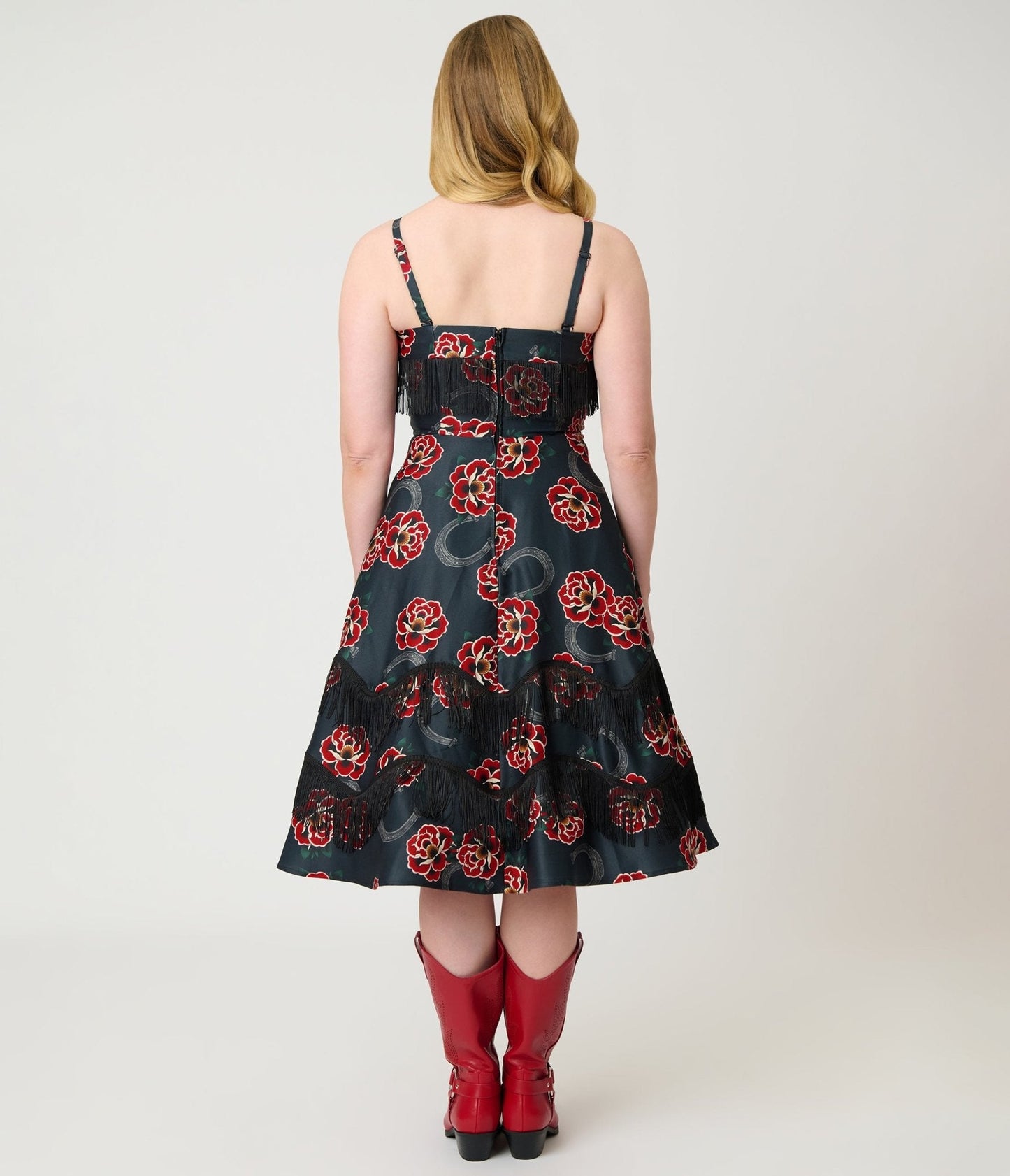 Unique Vintage Black & Rose Print Fringe Girlie Swing Dress