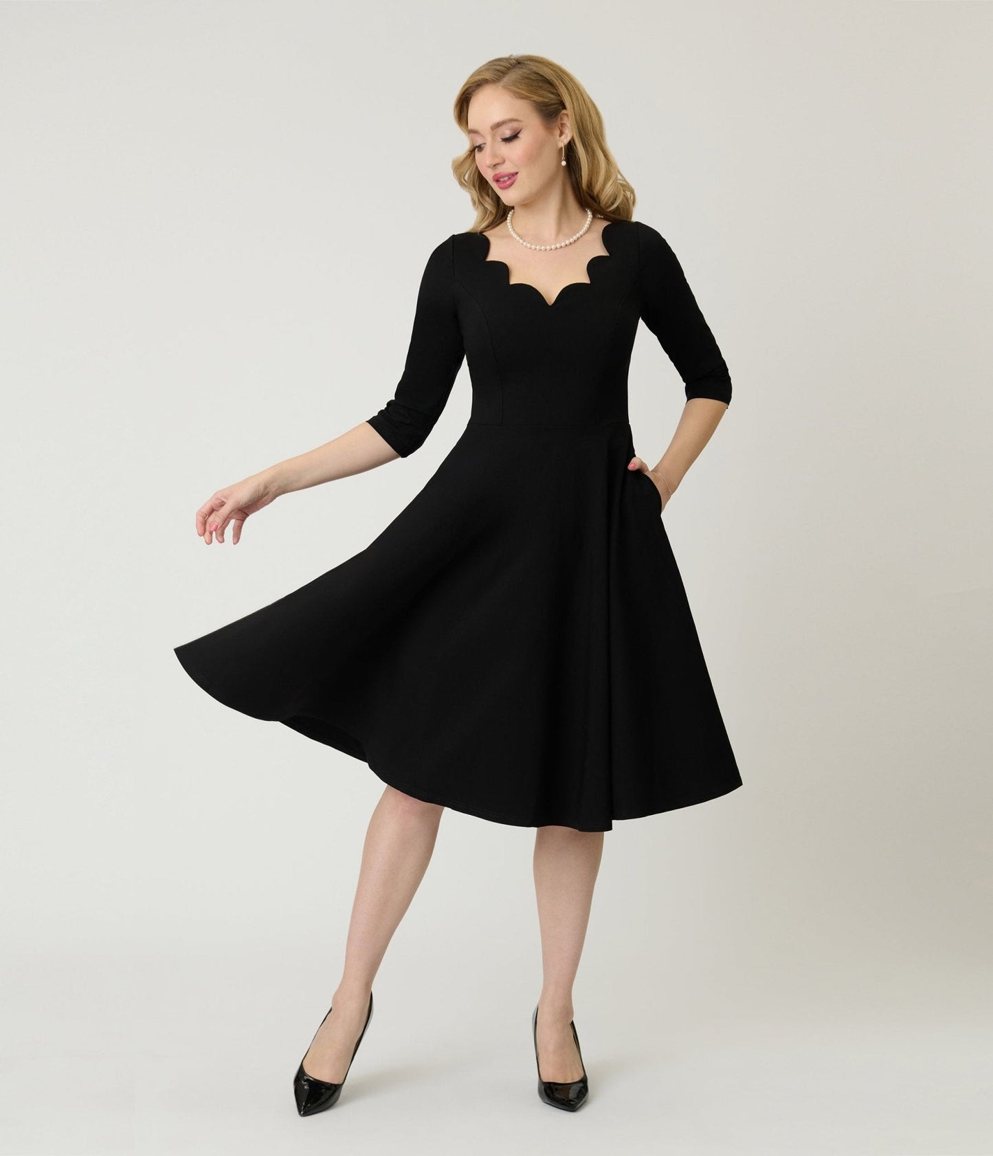 Unique Vintage Black Scalloped Neck Swing Dress