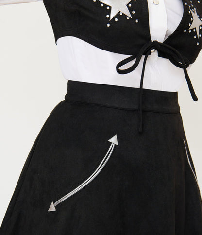 Unique Vintage Black & Silver Rhinestone Stars Western Suede Swing Skirt
