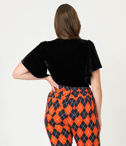 Unique Vintage Black Velvet Flutter Sleeve Top