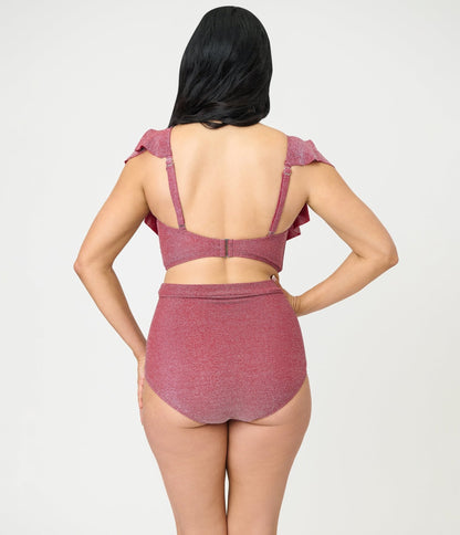 Unique Vintage Burgundy Lurex Ruffled Cap Sleeve Frida Swim Top