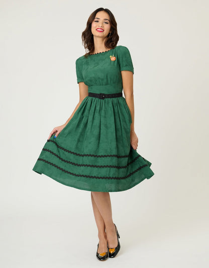 Unique Vintage Emerald Cotton Jaquard Swing Dress