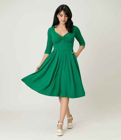 Unique Vintage Green Bengaline Front Twist Swing Dress