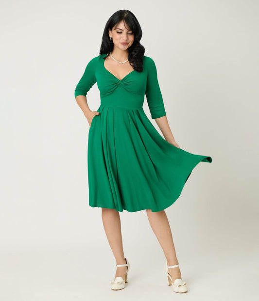 Unique Vintage Green Bengaline Front Twist Swing Dress