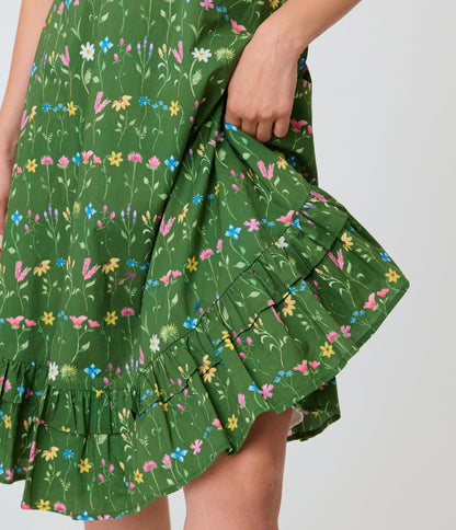 Unique Vintage Green Floral Sweetheart Swing Dress