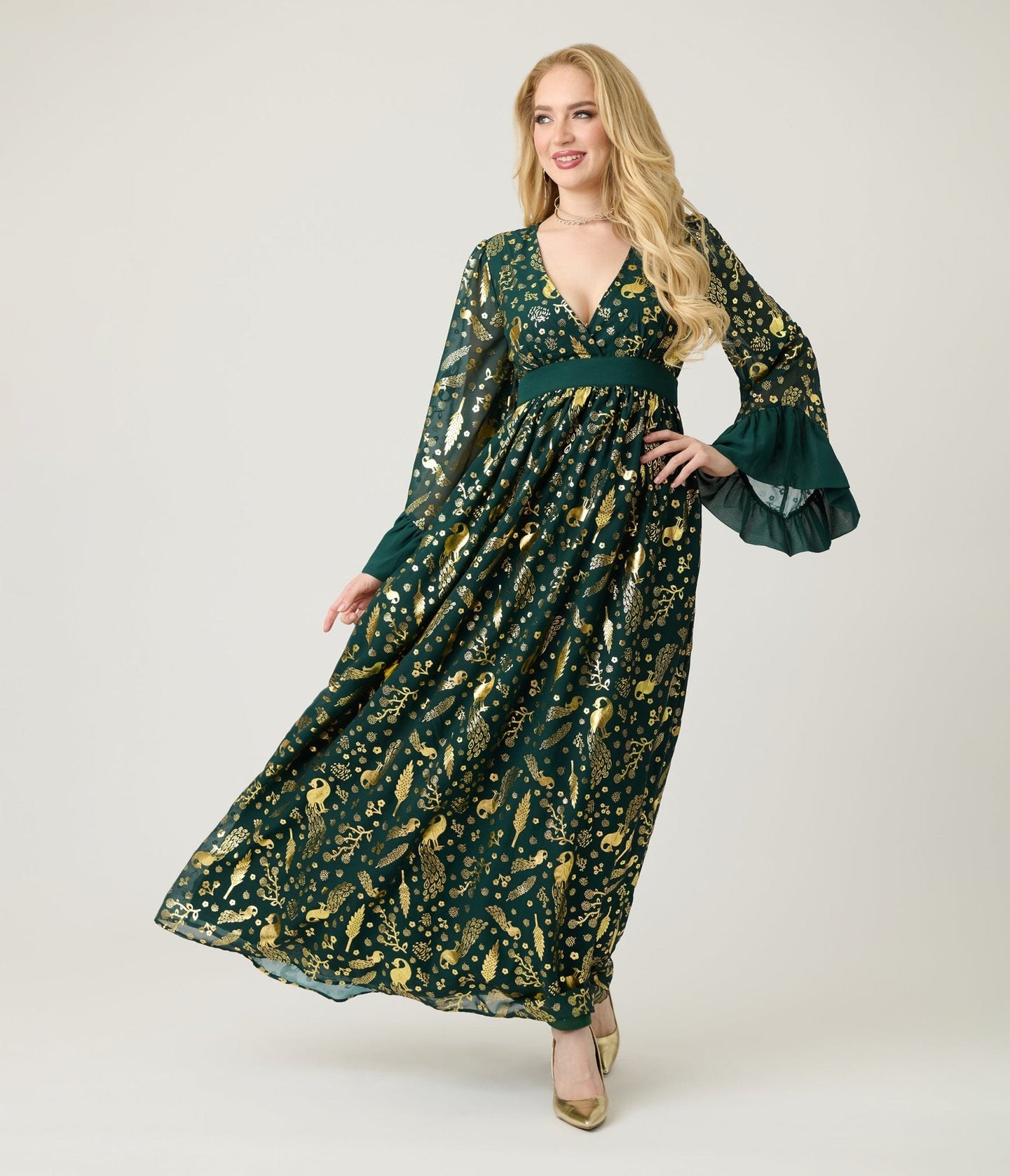 Unique Vintage Green & Gold Foil Peacock Print Maxi Dress