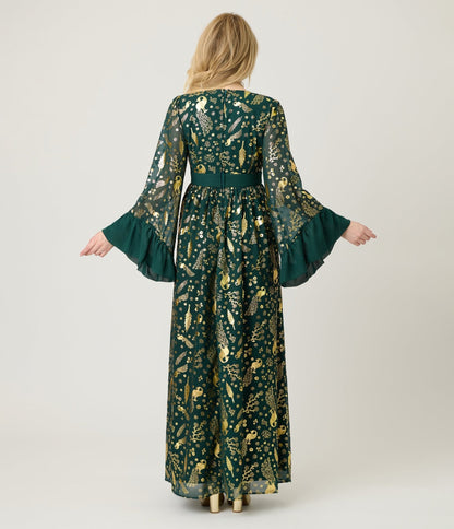 Unique Vintage Green & Gold Foil Peacock Print Maxi Dress