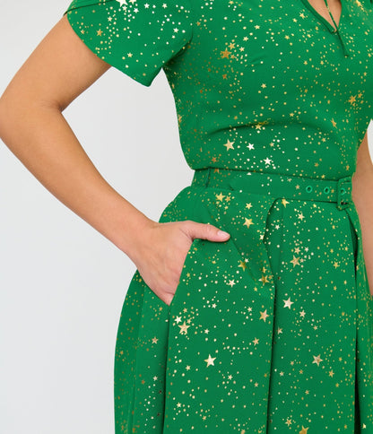 Unique Vintage Green & Gold Star Dahlia Swing Dress