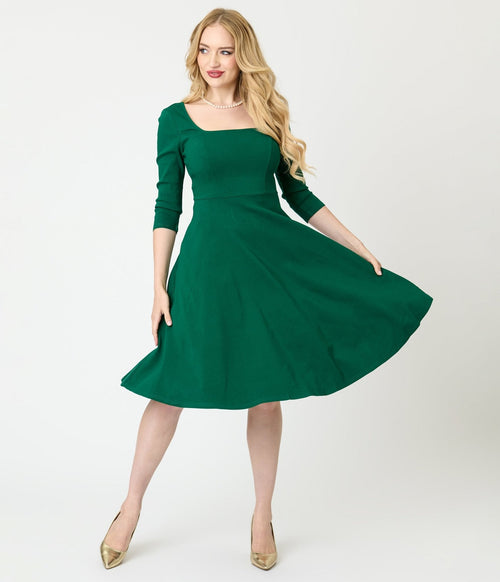 Unique Vintage Green Square Neck Swing Dress