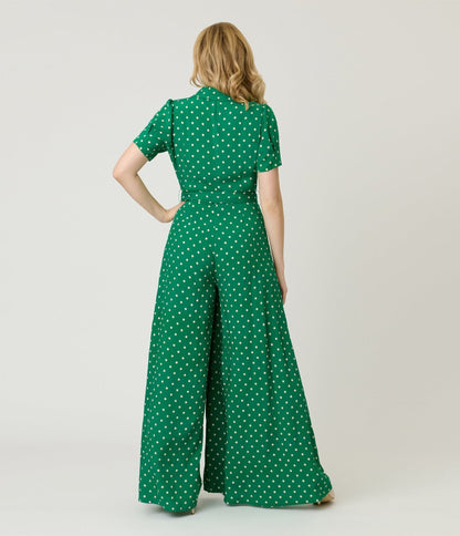 Unique Vintage Green & White Dot Flare Jumpsuit