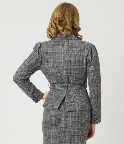 Unique Vintage Grey Tweed Belted Shawl Collar Jacket