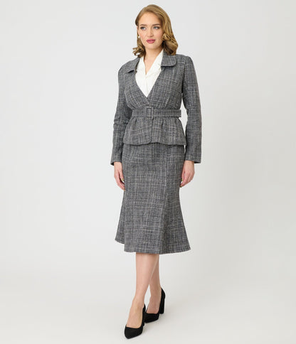 Unique Vintage Grey Tweed Belted Shawl Collar Jacket