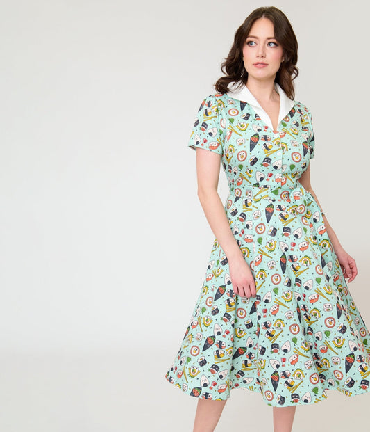 Unique Vintage Mint Sushi Print Shirt Dress