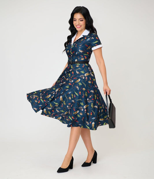 Unique Vintage Navy Creatures Print Alexis Swing Dress