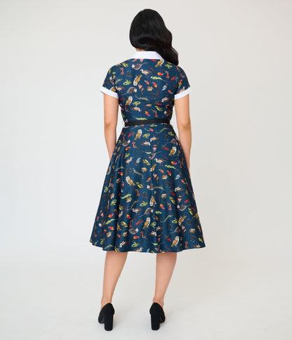 Unique Vintage Navy Creatures Print Alexis Swing Dress