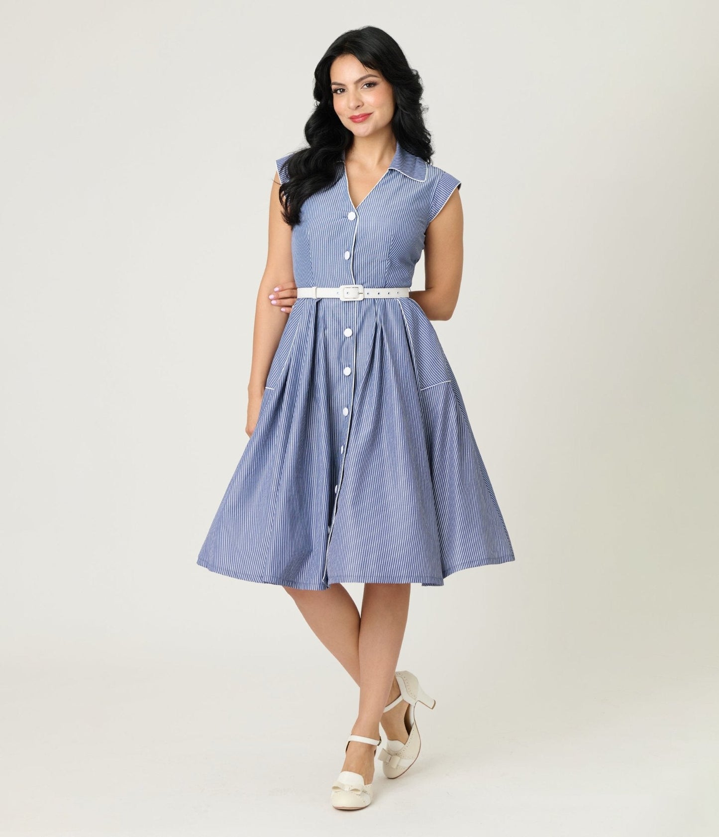 Unique Vintage Navy & White Stripe Shirt Swing Dress