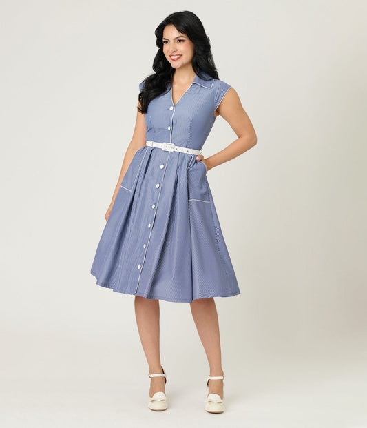Unique Vintage Navy & White Stripe Shirt Swing Dress