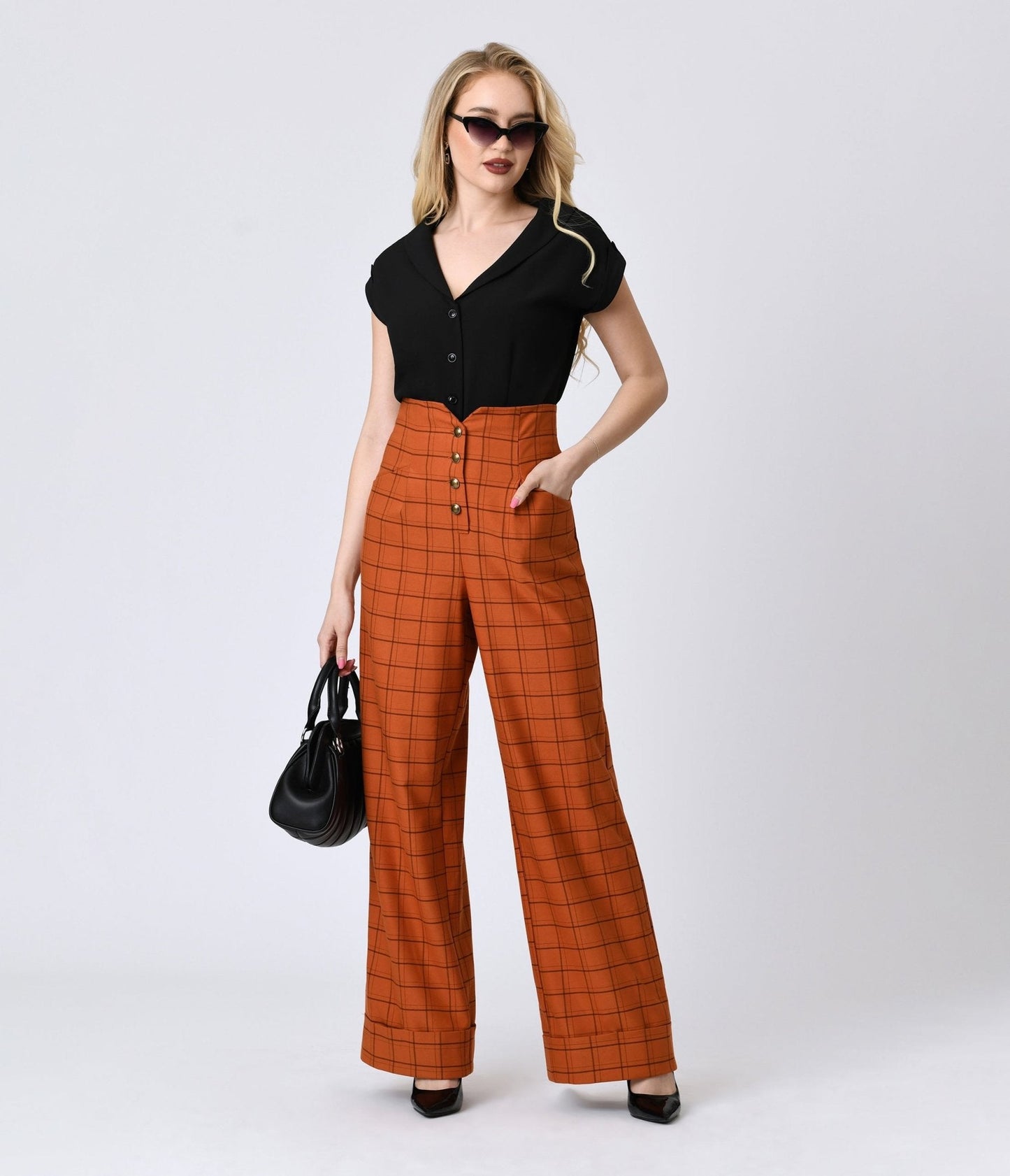 Unique Vintage Orange Windowpane Buttoned Wide Leg Trousers