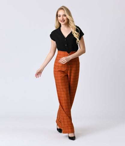 Unique Vintage Orange Windowpane Buttoned Wide Leg Trousers