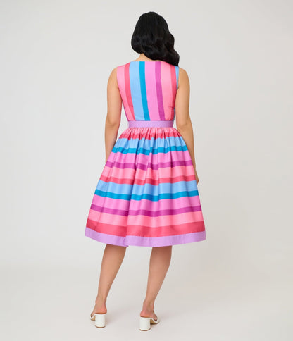 Unique Vintage Pastel Purple & Blue Stripe Sleeveless Button Swing Dress