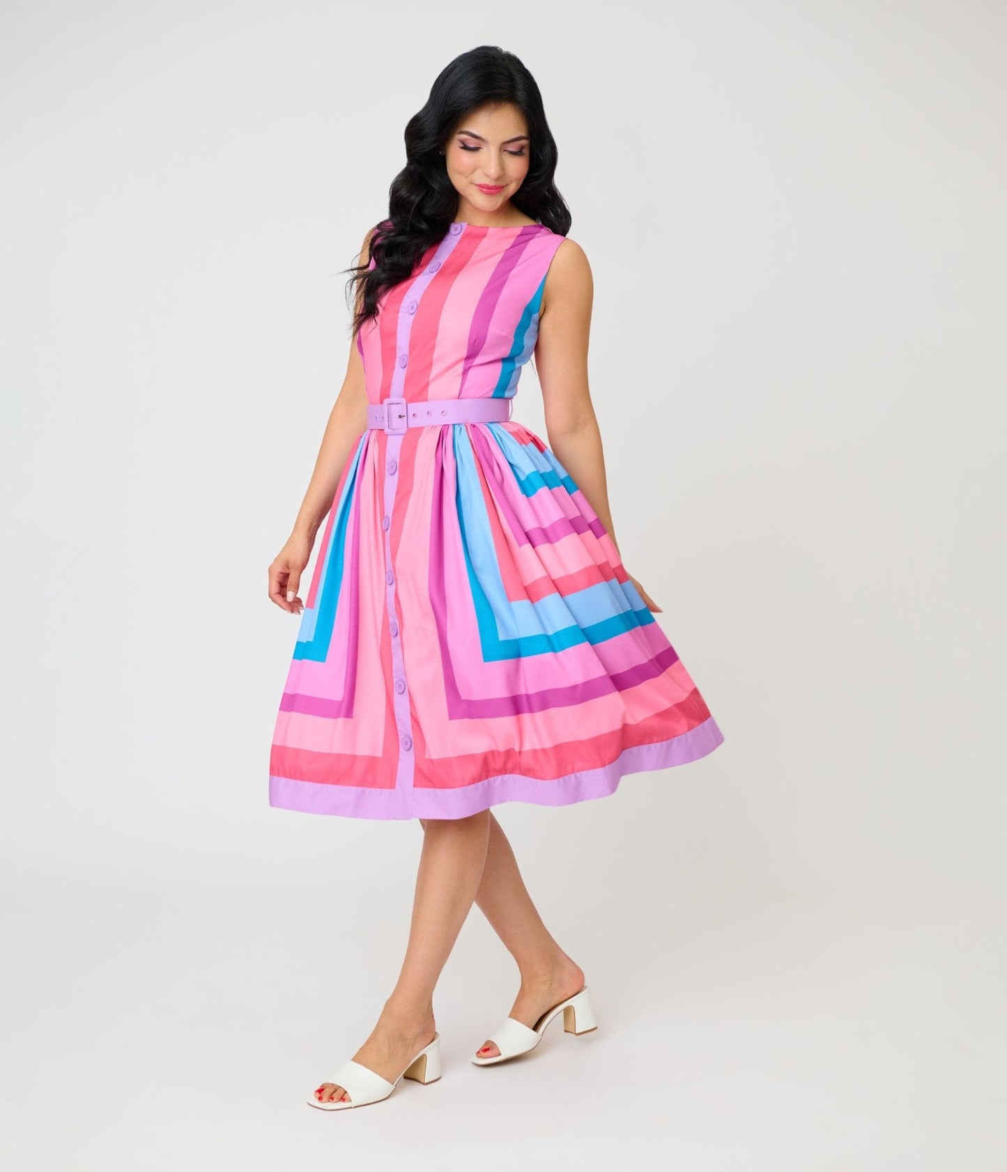 Unique Vintage Pastel Purple & Blue Stripe Sleeveless Button Swing Dress