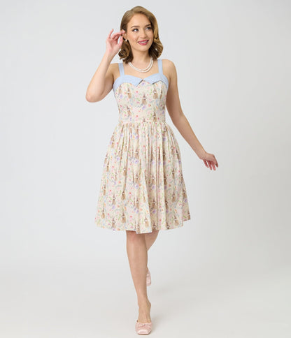 Unique Vintage Periwinkle Bunny Print Rachel Swing Dress