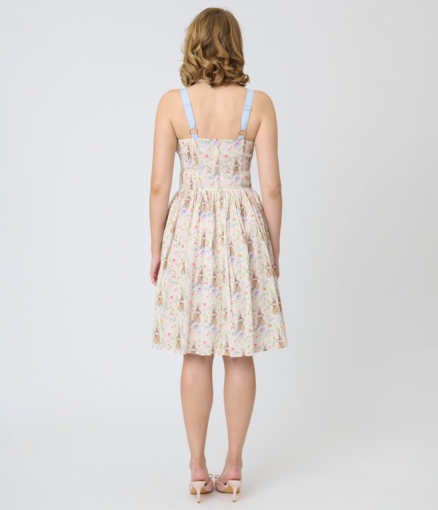 Unique Vintage Periwinkle Bunny Print Rachel Swing Dress