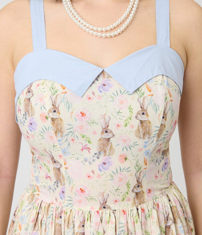 Unique Vintage Periwinkle Bunny Print Rachel Swing Dress