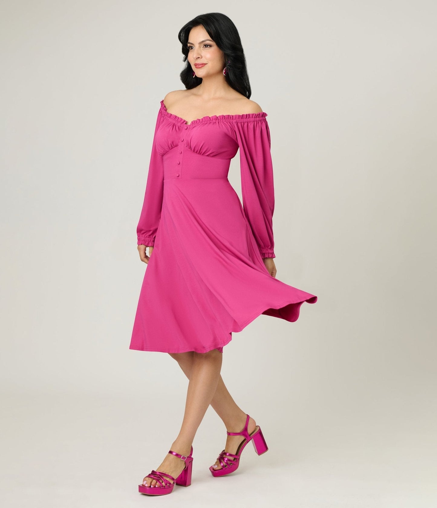 Unique Vintage Pink Gathered Knit Swing Dress