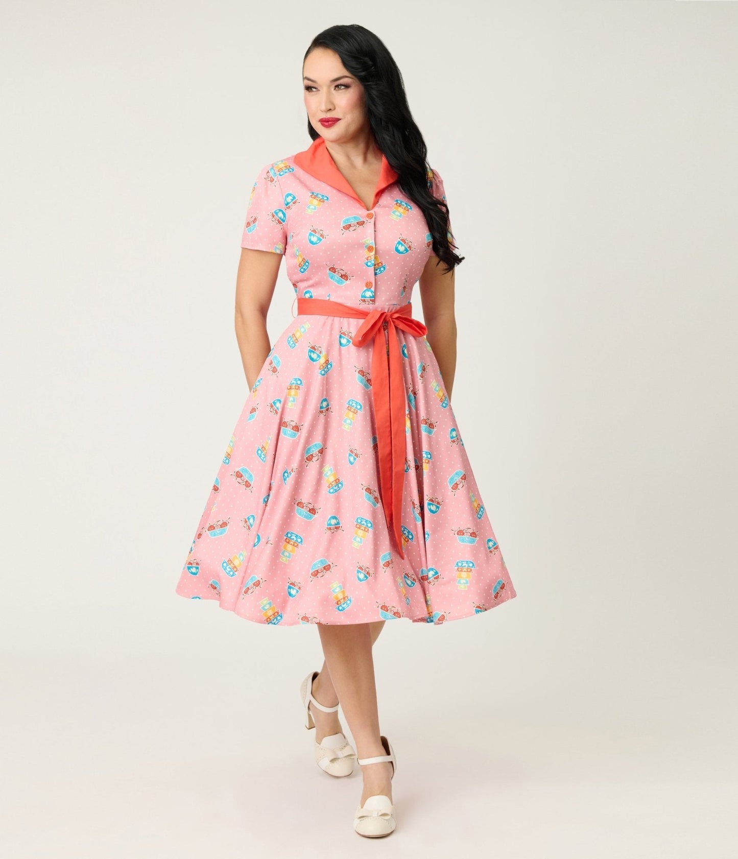 Unique Vintage Pink Pyrex Print Cotton Shirt Dress