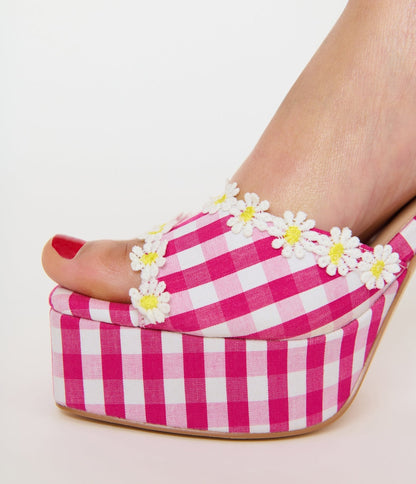 Unique Vintage Pink & White Gingham Platform Heels
