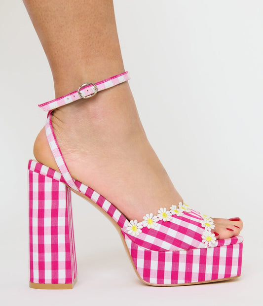Unique Vintage Pink & White Gingham Platform Heels