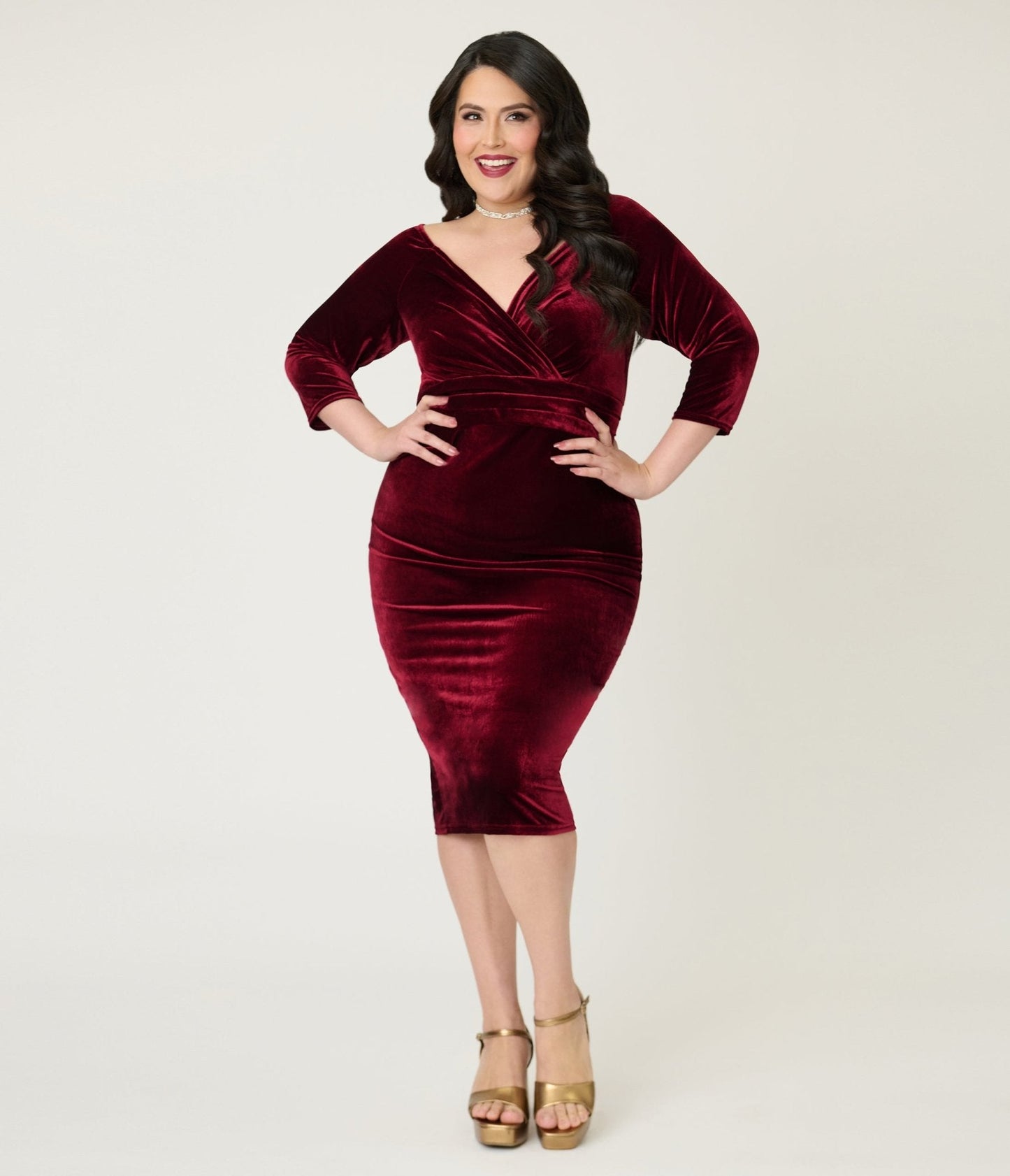 Unique Vintage Plus Size Burgundy Velvet Off the Shoulder Surplice Pencil Dress
