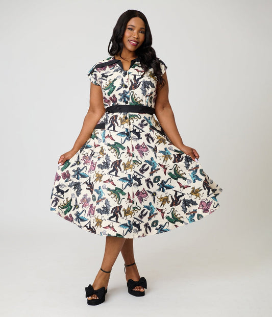 Unique Vintage Plus Size Cryptid Print Hedda Swing Dress