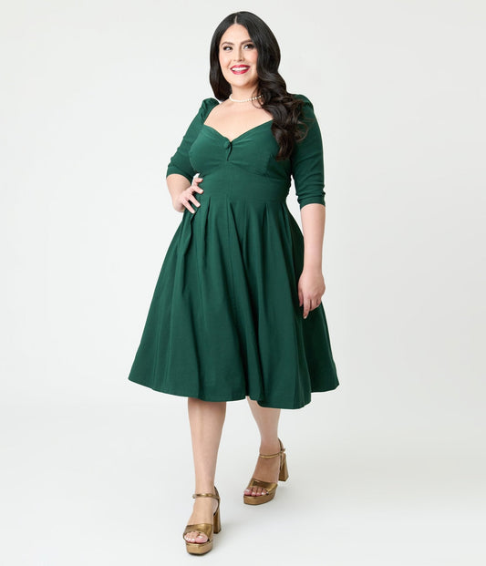 Unique Vintage Plus Size Forest Green Lamar Swing Dress