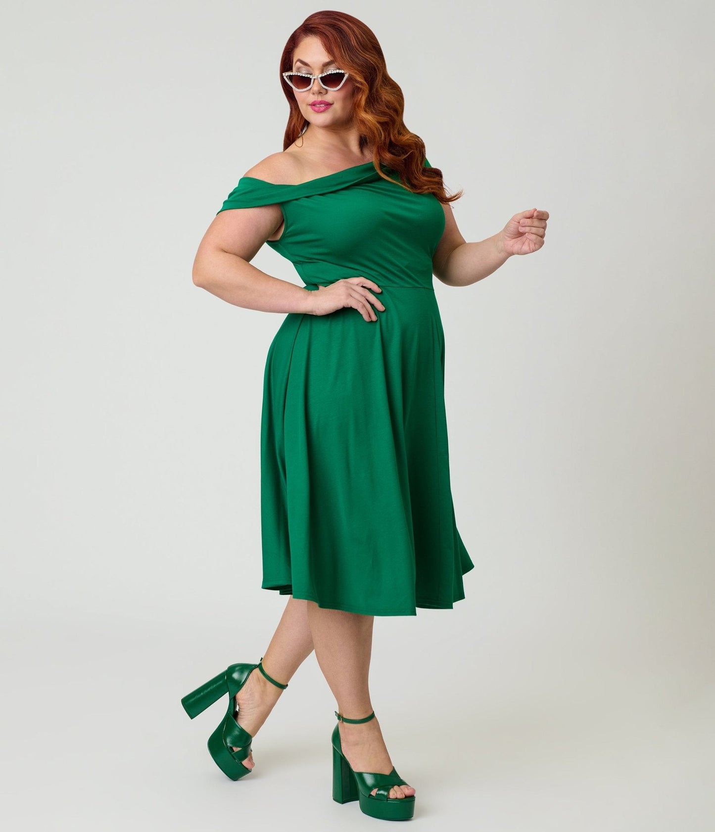 Unique Vintage Plus Size Green Asymmetrical Neck Swing Dress