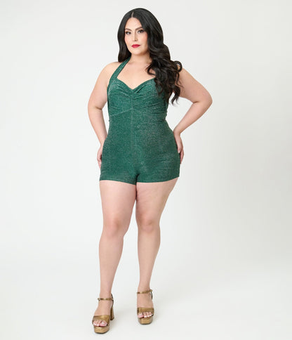Unique Vintage Plus Size Green Shimmer Romper & Sarong Set
