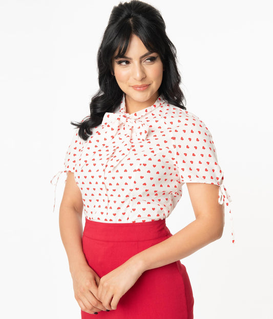 Unique Vintage 1960s White & Red Heart Print Chita Blouse